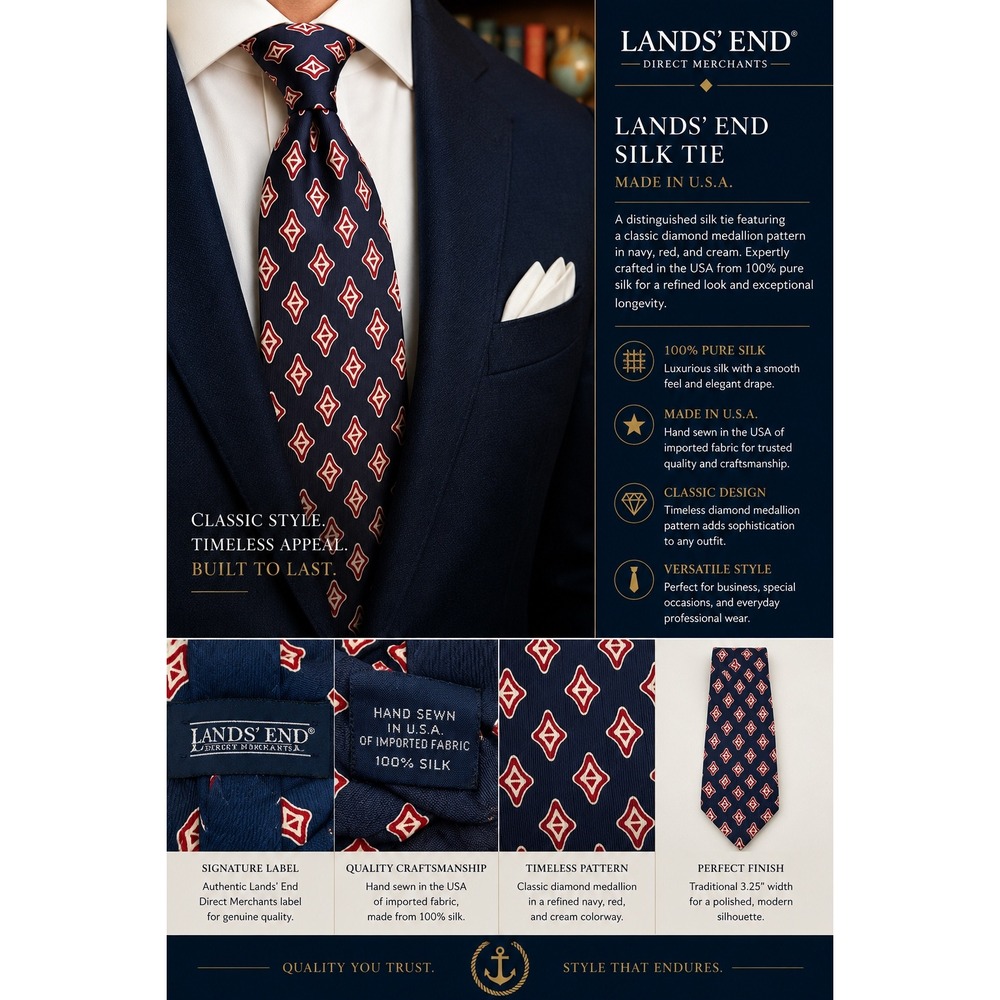 Lands End Mens Silk Tie Navy Red Diamond Medallion Hand Sewn USA Long 3.25"